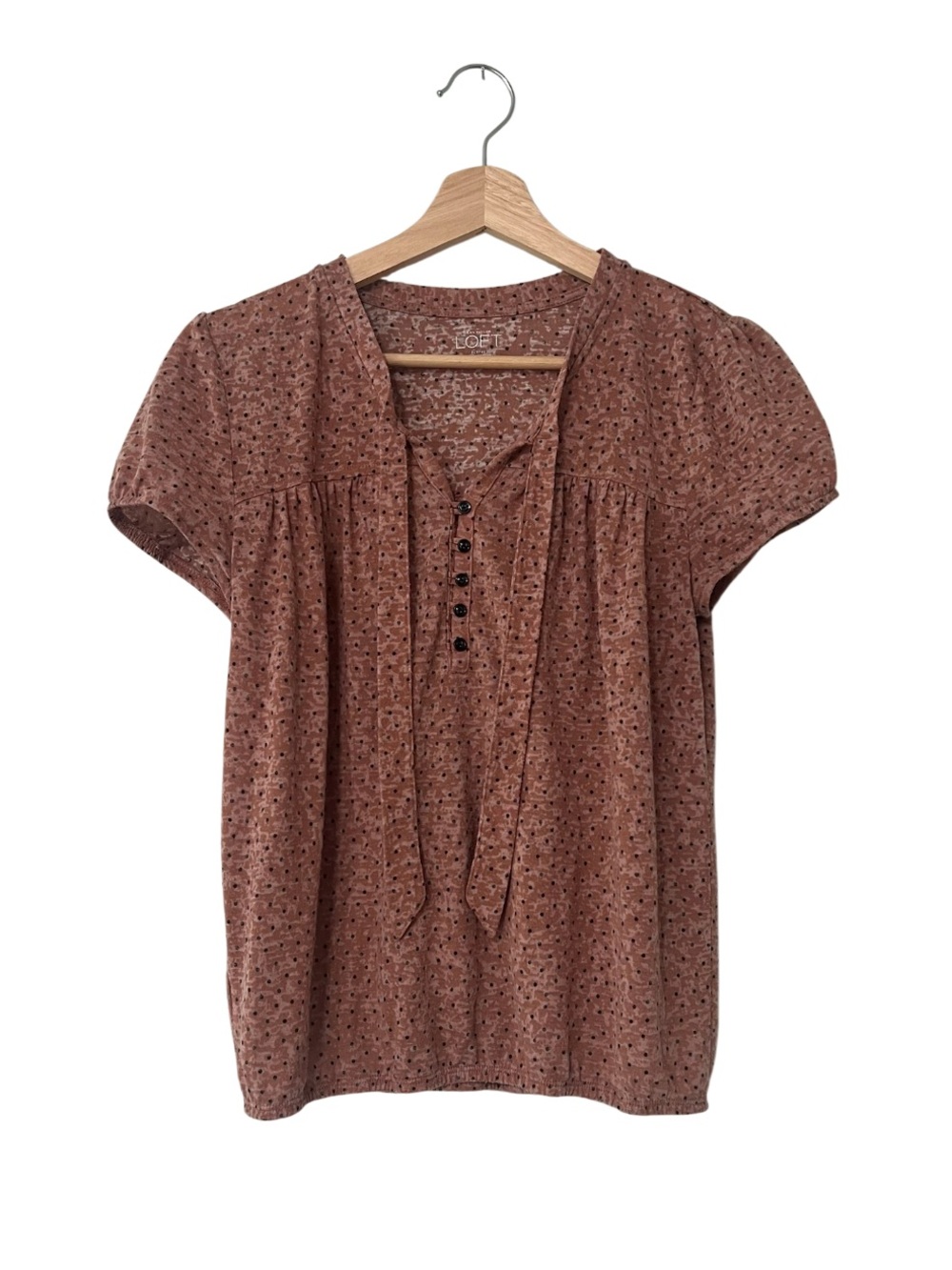 LOFT Rust Brown Short Sleeve Button Tie-Front Top